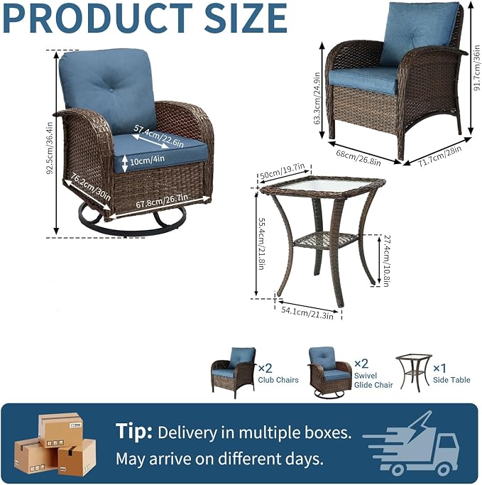 SHGJ&SOFT All Weather Patio Furniture Set, High Back Swivel Rocker Glider Chairs，Ottomans & Glass Tables, Outdoor Conversation Set for Deck Porch Yard Poolside (Blue, 5PCS-Swivel Chairs&Chairs&Table)