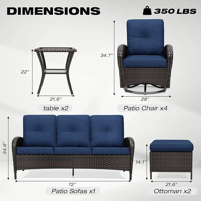 Joyside Wicker Patio Furniture Set, 9 Piece Outdoor Furniture Set with Thickened Cushions, High Back, Deep Seating, Wide Armrest, Outdoor Swivel Rocker Chairs for Porch, Deck