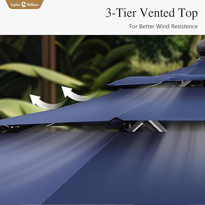 Sophia & William 10ft 3 Tier Auto-tilt Patio Umbrella,Wind Resistent,Outdoor Patio Umbrellas Double Vented Umbrella with Crank for Pool Garden Backyard, Navy