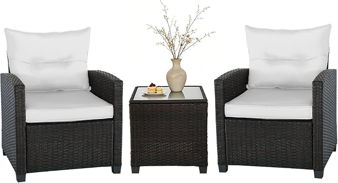 SHGJ&SOFT 3 Pieces Patio Furniture Set, Outdoor Conversation Set with Cushions, PE Rattan Wicker Bistro Set and Tempered Glass Tabletop, Outdoor Rattan Sofa for Poolside,Porch,Balcony (White)