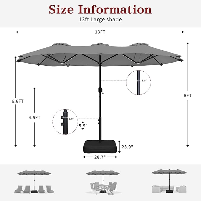 Vongrasig 13FT Large Patio Umbrellas with Base Included, Outdoor Double sided Pool Umbrellas with Crank Handle, Large Rectangle Table Umbrella for Poolside Backyard Market, Grey