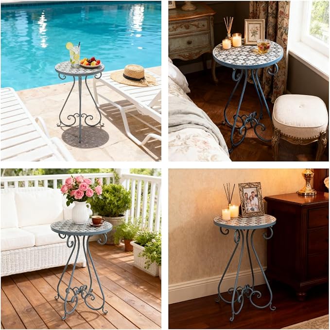 Outdoor Side Table & Mosaic Plant Stand, 14" Ceramic Tile Top Round End Table Accent Table, Indoor Outdoor Coffee Tea Table for Yard Porch Garden Patio
