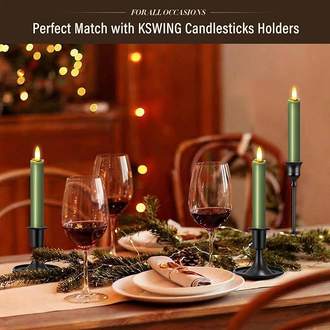 KSWING Upgraded Real Wax Short LED Flameless Taper Candles with Remote, 6 PCS Winter Moss Candlesticks Battery Operated 3D Flickering for Home/Wedding/Fireplace Xmas Decor