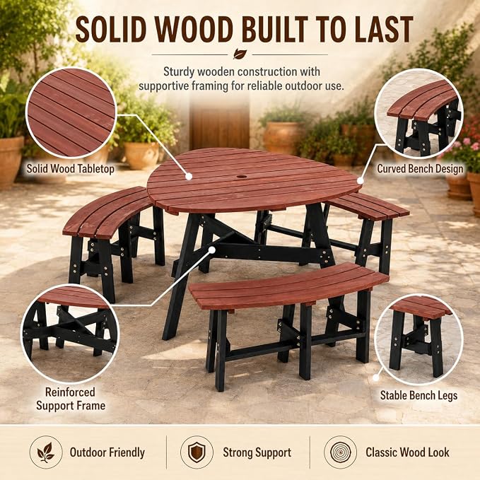 6-Person Round-Style Outdoor Picnic Table with Umbrella Hole, Curved-Edge Patio Dining Table with 3 Attached Benches, Backyard Picnic Table Set for Garden, Deck, Lawn & Camping, Brown & Black