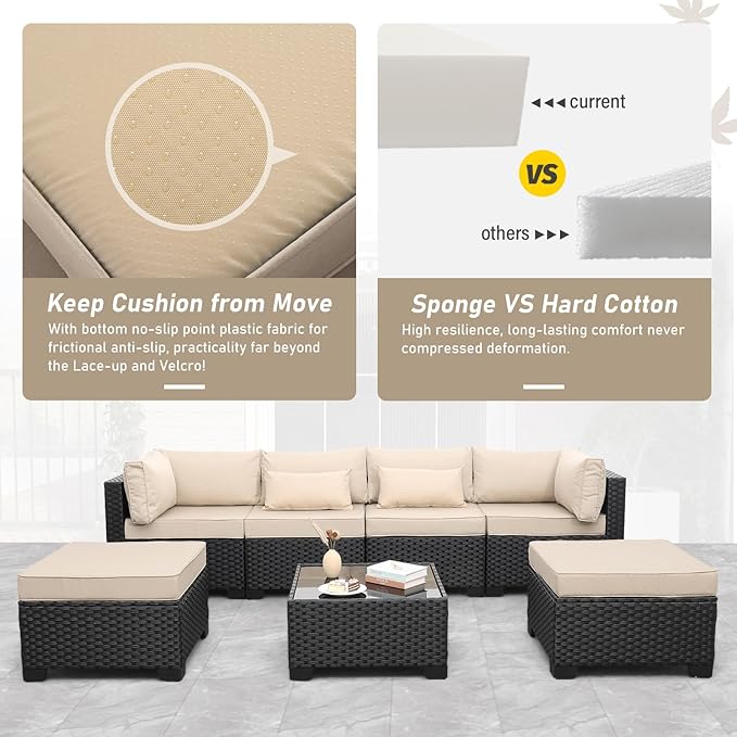 7 Pieces Outdoor PE Wicker Furniture Set Patio Rattan Sectional Conversation Sofa Set with Khaki Cushions and Glass Top Table