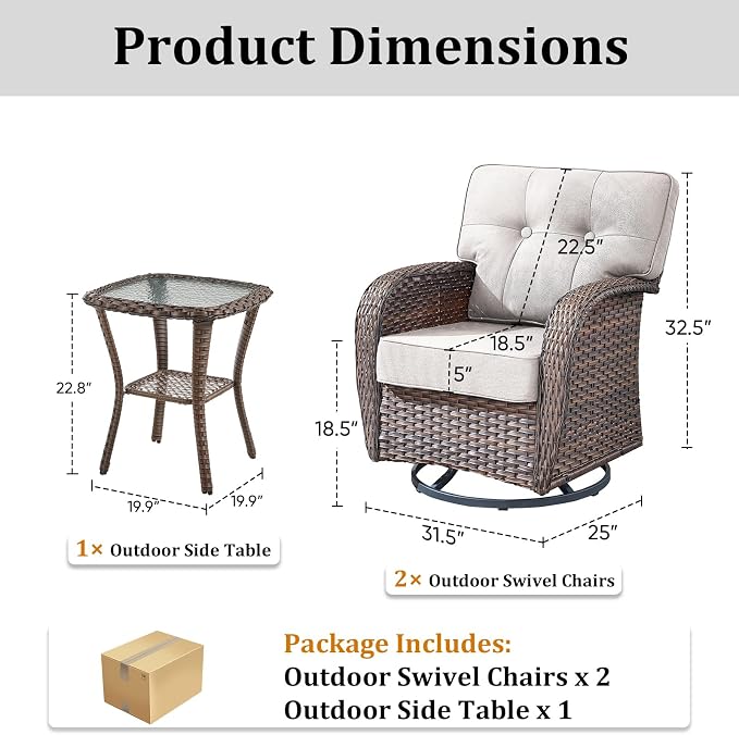 3-Piece Wicker Patio Furniture Set with 5-Inch Thick Cushions Weather Resistant Rattan High Back Swivel Rocker Chairs Senior Friendly Conversation Set for Small Porch Deck Sunroom Brown/Beig