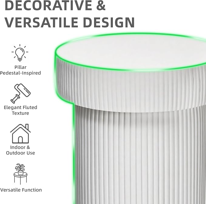 24" Pedestal Side Table, 3-in-1 Durable Lightweight Round Coffee Table, Decorative Patio Accent End Table Fluted Garden Stool Art Decor for Poolside, Balcony, Living Room, White