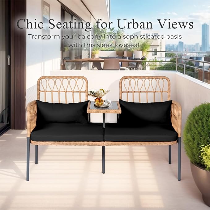 PROHIKER Patio Furniture Outdoor Rattan Loveseat 2-Seat with Built-in Table, Lumbar Pillows and Cushions, All-Weather Wicker Loveseat Porch Chairs for Balcony, Lawn, Backyard