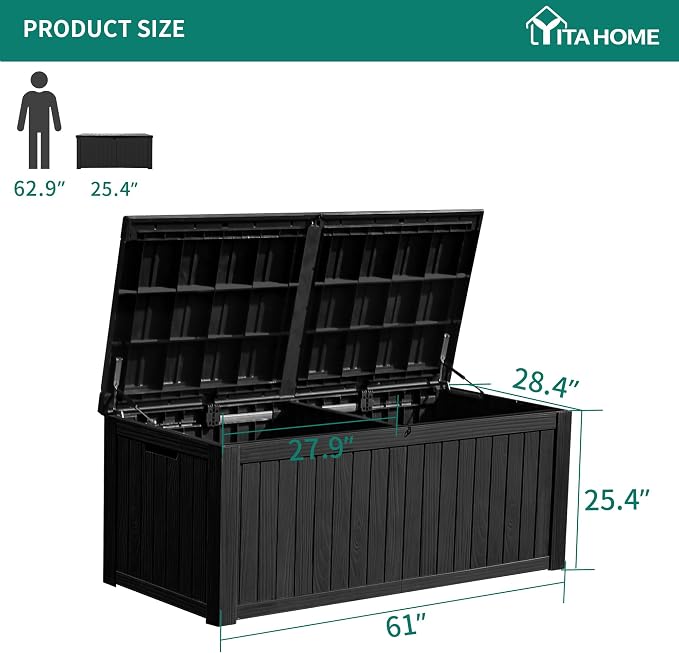 YITAHOME 180 Gallon Large Outdoor Storage XL Deck Box w/Divider for Patio Furniture,Outdoor Cushions, Garden Tools, Sports Equipment and Pool Supplies, Waterproof, Resin, Lockable, Black