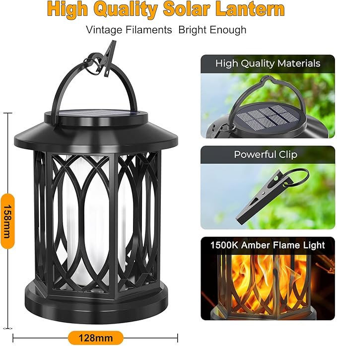 YoungPower Solar Flickering Flame Lantern Outdoor Lights , Waterproof Hanging Solar Lanterns Lights, Solar Powered Lanterns Outdoor for Patio Yard Deck Pathway, 4 Pack