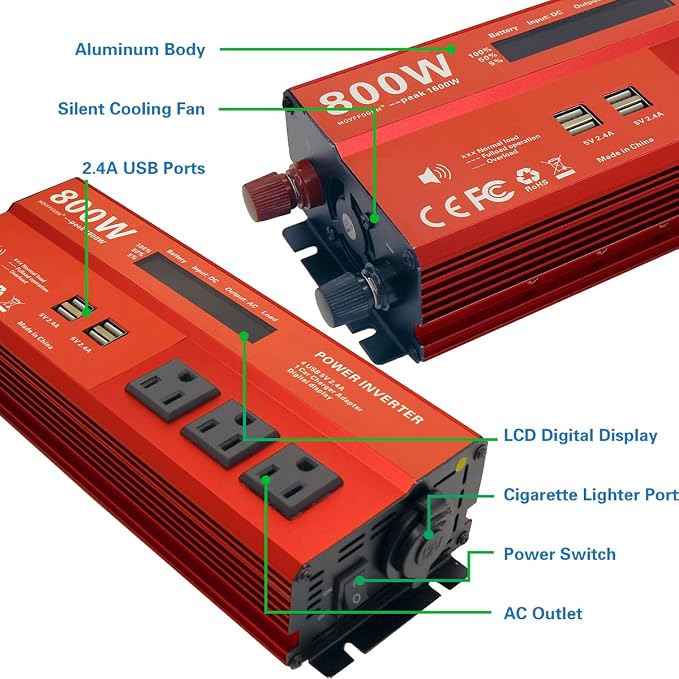 800W Peak 1600W Power inverters for Vehicles,Peak 1600 watt, Car 12V DC to 110V AC Converter 4x2.4A USB Ports Car Charger with 1 Cigarette Lighter Ports,LCD Digital Display