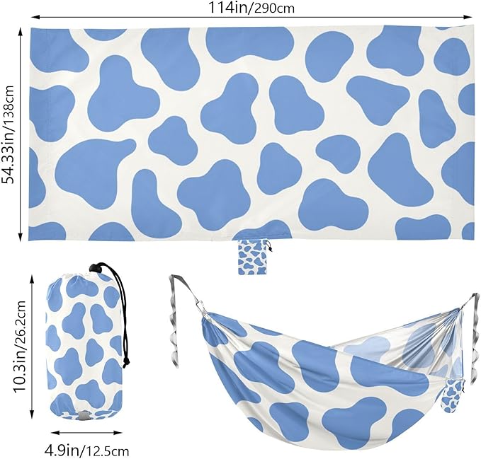Cow Print Blue 330lb Capacity Camping Hammock with Tree Straps Cloth Hammock for Outside Beach Patio Garden Base para hamaca