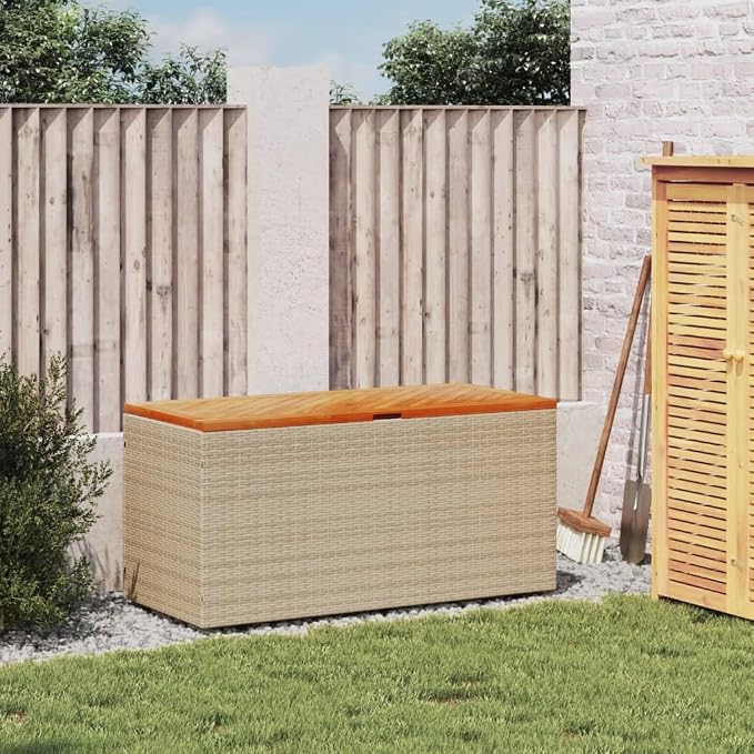Patio Storage Container for Backyard, Porch, Garden, Patio Storage Box, Outside Deck Box, Garden Storage Box, Beige 43.3"x19.7"x21.3" Poly Rattan Acacia Wood,-743