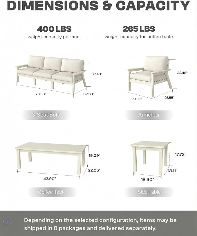HDPE Patio Furniture Set 5 Seats with Cantilever Umbrella, Outdoor Couch with Washable Thick Beige Cushions & Tables, Outdoor Sectional Furniture for Deck, Lawn, Porch (White Frame)