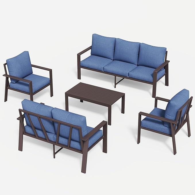 Aluminum Patio Conversation Set All-Weather Outdoor Furniture 5-Piece Sectional Sofa with 4" Cushions, Modular Patio Set for Porch Poolside Deck Yard
