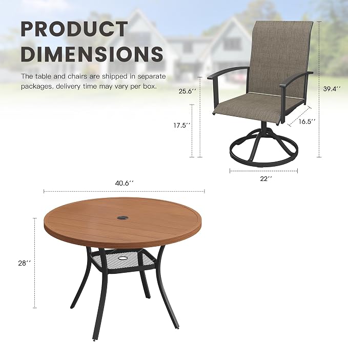 5 Pieces Round Patio Dining Set, Outdoor Furniture of 40.6" Round Patio Table and Patio Swivel Chairs for Backyard Lawn Garden, Walnut Table and Mixed Brown Chairs