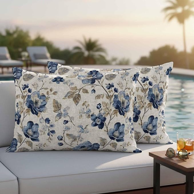 Blue Gray Waterproof Outdoor Pillow Covers 20''x12'' Set of 2, Vintage Botanical Patio Furniture Spring Florals Cushion Covers for Chairs, Decorative Farmhouse Pillow Cases for Garden/Pool/Beach