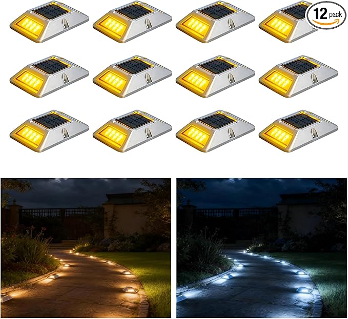 VATION LIGHTING Driveway Solar Dock Lights, 2 Colors Driveway Lights Solar Powered, IP67 Waterproof, Aluminum LED Outdoor Marker Deck Lights for Driveway, Pathway, White/Yellow, 12 Pack, FCC