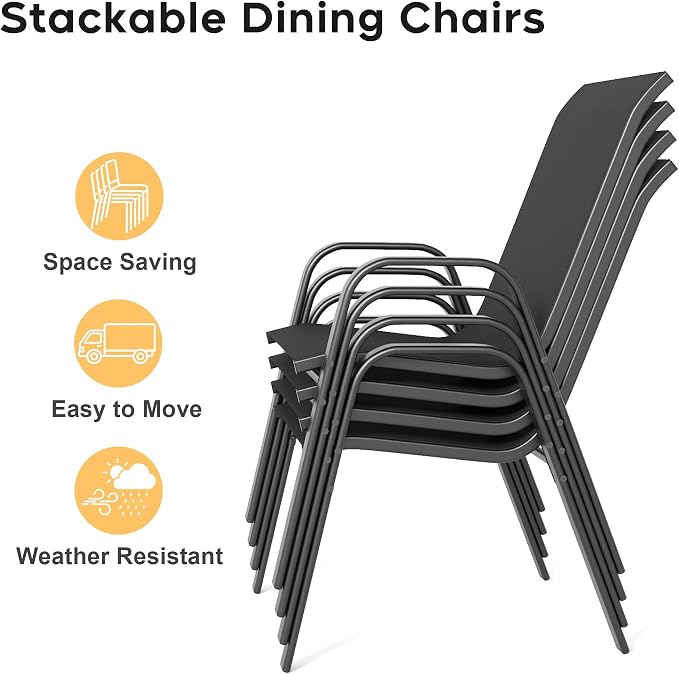 5 Pieces of Outdoor Dining Set - Square Patio Table with Umbrella Hole and 4 Stackable Dining Chairs All-Weather for Garden, Deck, and Poolside (Black, 38“L x 38“W x 28"H Square Dining Table)