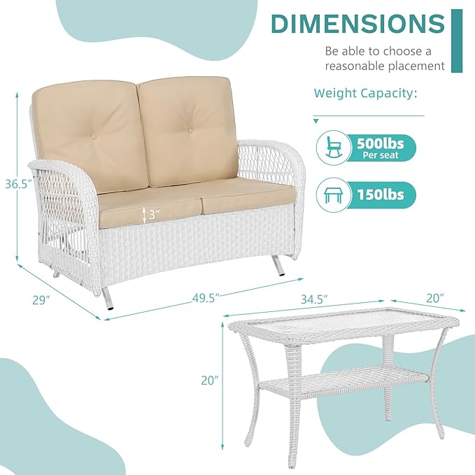 MEETWARM Outdoor Wicker Patio Glider Set, Loveseat for 2 Person Porch Furniture Glider with Glass-Top Coffee Table, Patio Glider Rocking Bench with Thickened Cushions, White Wicker/Beige
