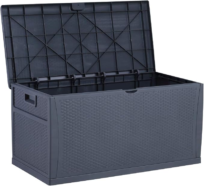 Leisurelife Plastic Deck Box Wicker 120 Gallon, Water resistant Storage Container Outdoor Patio Garden Furniture, Gray