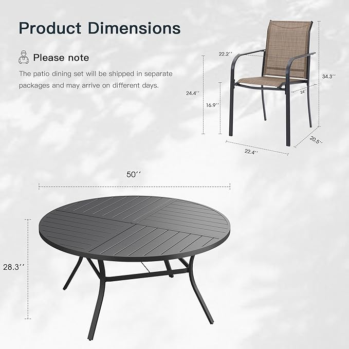 VICLLAX 7 Pieces Patio Outdoor Dining Set, 50" Round Metal Table with Umbrella Hole and 6 Stackable Textilene Chairs for Patio, Lawn, Garden, Porch, Black/Brown