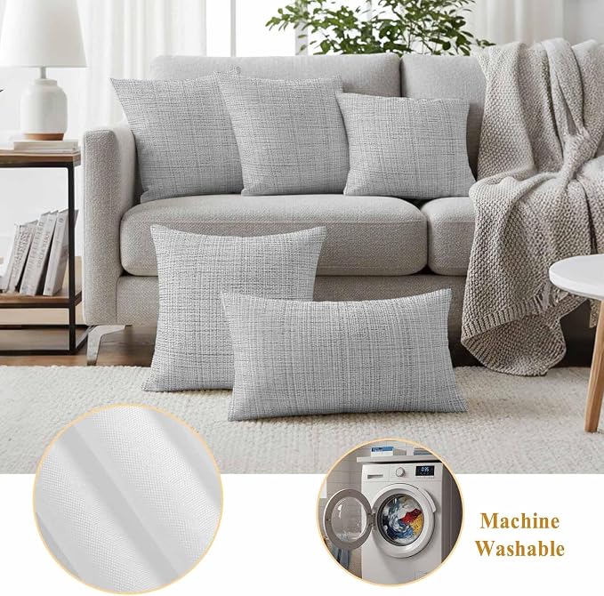 Outdoor Waterproof Throw Pillow Covers Set of 2 Grey Linen Texture Pillowcases 16x16 Inches Solid Color Decorative Pillows Cushion Case Patio Pillows for Couch Bed Chair Garden
