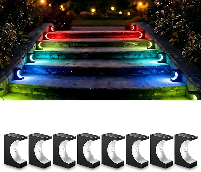 Upgraded Wireless Solar Step Lights. 5X Longer Life Than Ordinary. Strong 3M Adhesive + Screws. IP65 Waterproof for Stairs/Decks/patios. Reliable Performance(RGB Changing 8 Pack)