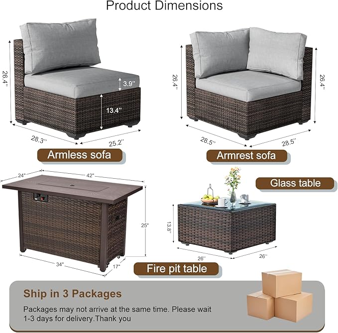 8 Pieces Patio Furniture Sets Outdoor Sectional Sofa with 44'' Propane Rattan Wicker Firepit Table, Patio Sectional Conversation Set with Cushions for Backyard, Poolside, Garden Grey