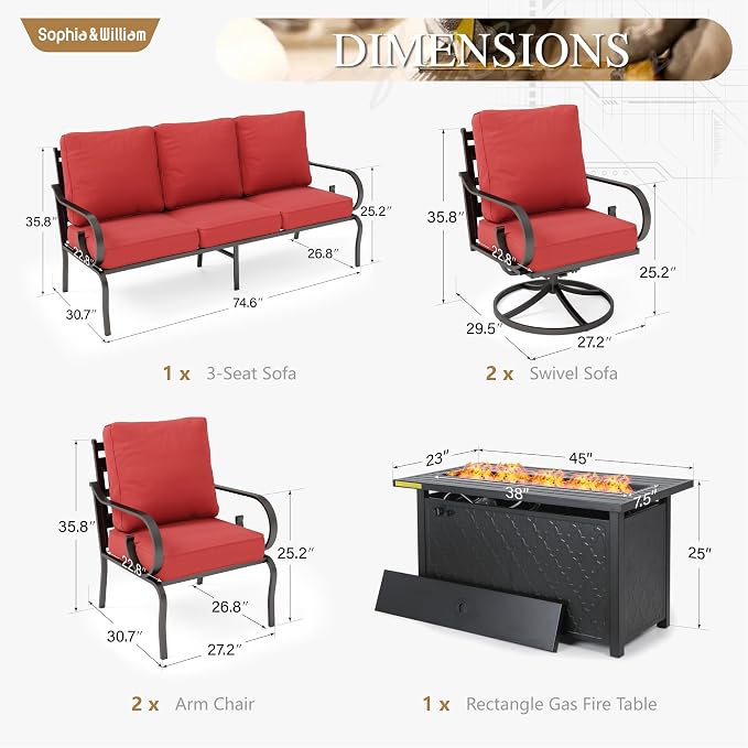 Sophia & William Patio Conversation Set for 7, 3-Seater Sofa, 2 Fixed Chairs, 2 Swivel Chairs and a 45" Fire Pit Table, Metal Outdoor Furniture with 5.75" Extra Thick Cushions, Red