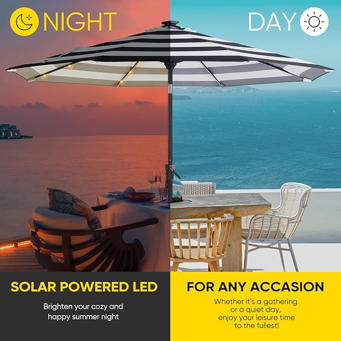 Tempera Solar Patio Umbrella 40 LED Lighted Outdoor Umbrella Table Market Umbrella with Push Button Tilt and Crank, Solar Umbrella with Sturdy Pole&Fade Resistant Canopy, Easy to Set