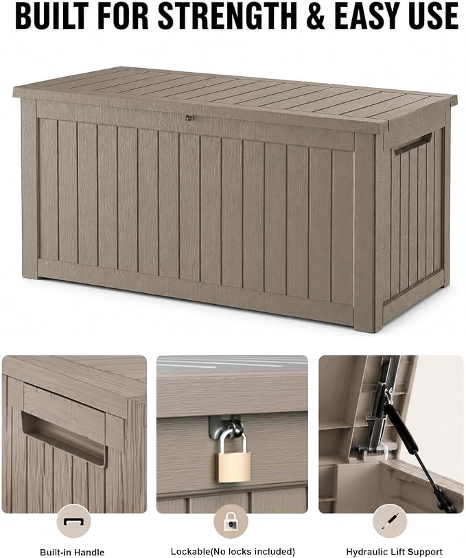 MAKINO 274 Gallon Large Waterproof Deck Box, Heavy Duty Resin Outdoor Storage Box, Outside Storage Bench with Hydraulic Rod for Patio/Cushions/Garden Tools/Backyard/Pool Accessories, Grey Brown
