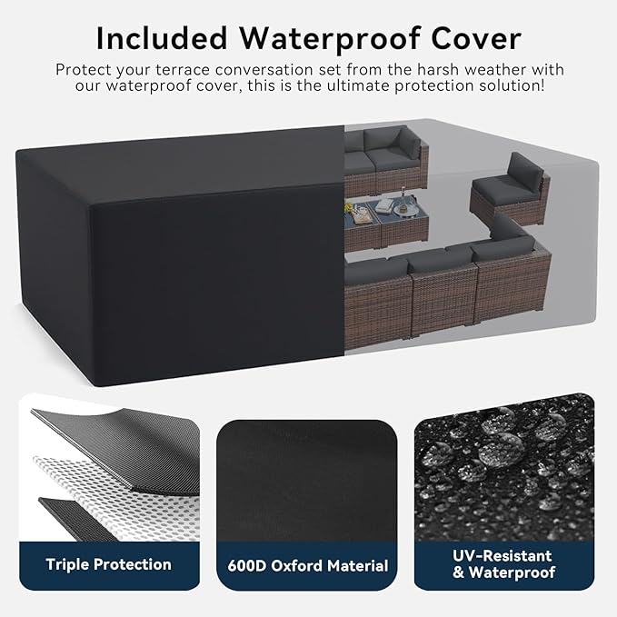 LazySunsets 10 Piece Outdoor Patio Furniture Set with Coffee Table, Outdoor Patio Furniture Sets with Waterproof Cover and Thicken Cushion, Wicker Rattan Outdoor Conversation Set for Backyard, Grey