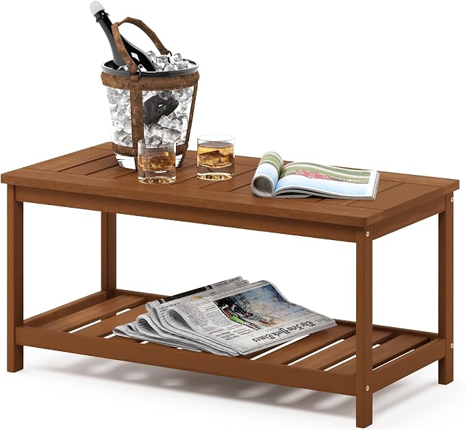 Furinno TIOMAN Patio Table, Outdoor Coffee Table with Shelf, Side Table for Patio Garden Porch, Teak Oil Finish, Light Wood