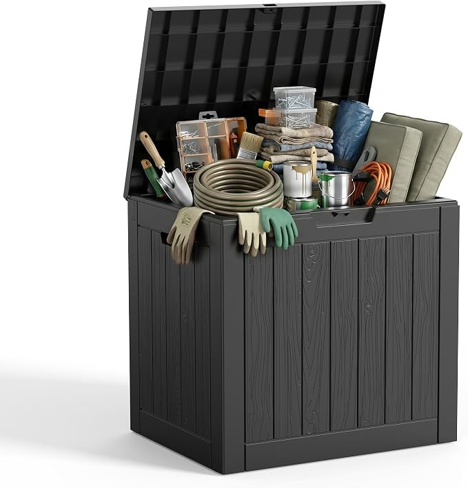 Vixzen 35 Gallon Deck Boxes Outdoor Waterproof, Lockable Resin Storage Box with lid for Furniture Cushions, Weatherproof Containers Outside Storage Boxes for Garden Patio Pool Tools (Black, 35 Gallon)