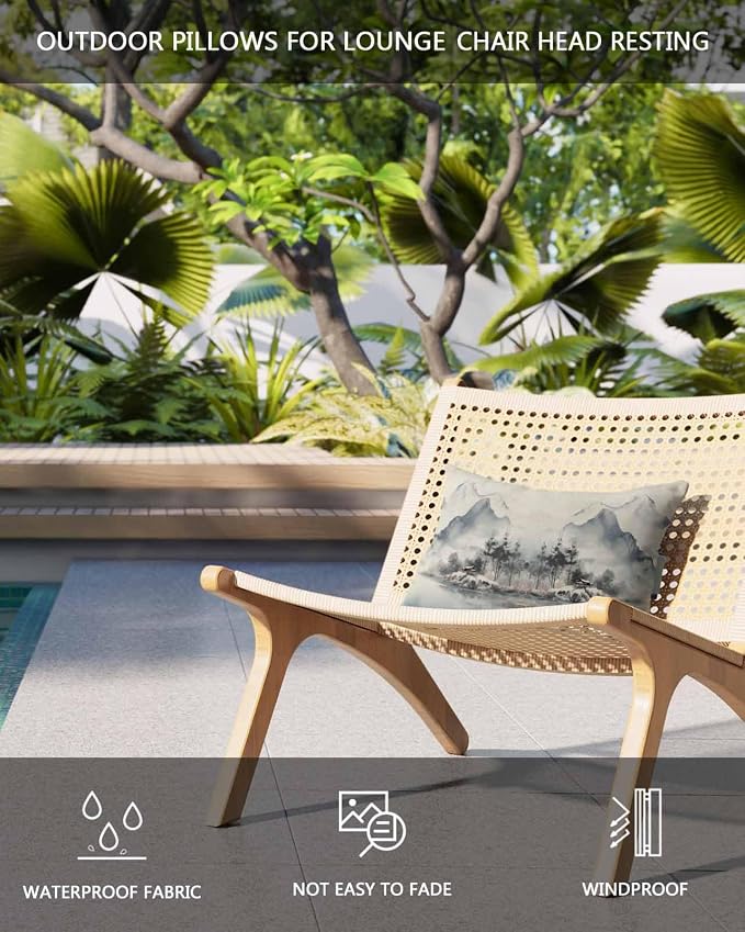 Chaise Lounge Head Resting Pillows,Ink Painting Watercolor Mountain Water Tree Painting Vintage Outdoor Chaise Pillows,Waterproof Patio Furniture Pillows with Insert and Elastic Strap for Beach Chair