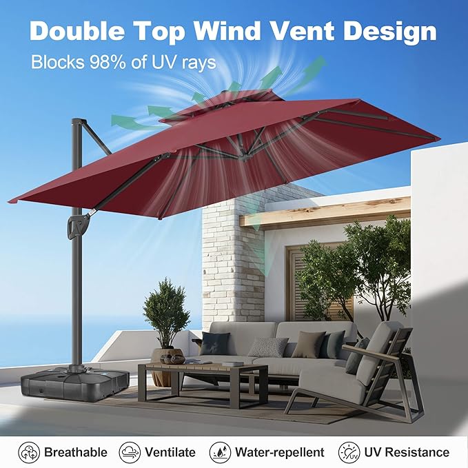 FLAME&SHADE 8.2 X 8.2 FT Square Cantilever Patio Umbrella - Large Offset Umbrella Outdoor Patio with 360-Degree Rotation and 3-Year Fade Resistance Fabric for Deck Pool Backyard Garden, Burgundy