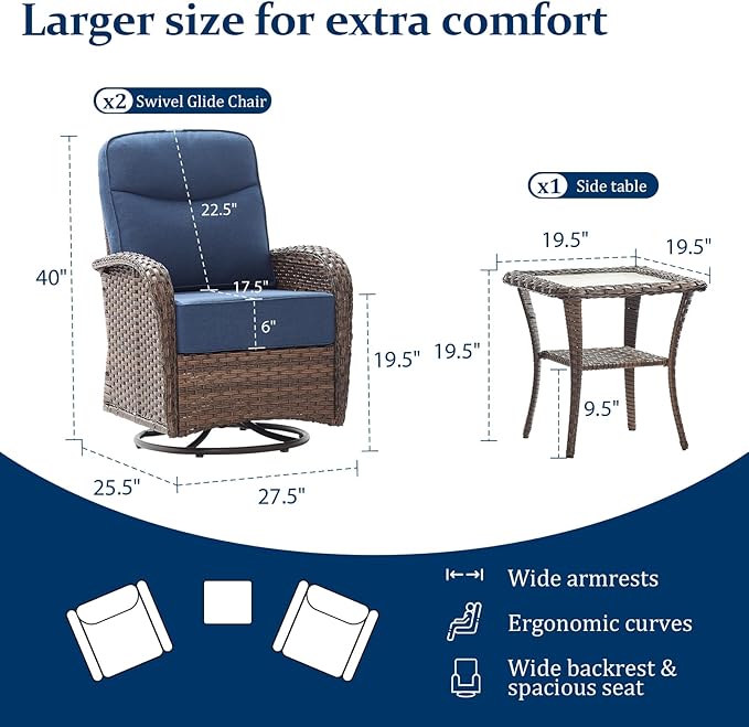 Outdoor Swivel Rocking Chair Patio Set (3-Piece), High-Back - Thick Cushion Swivel Rocking Chair Patio Set, All-Weather Wicker Patio Furniture Set, Suitable for Balcony Patios, Brown/Blue