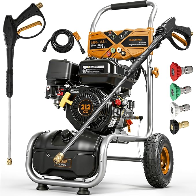 3500PSI Gas Pressure Washer, 212CC / 2.3GPM / 7HP / 4-Stroke Gas Power Washer with 4 Quick Connect Nozzles, 25FT Hose, Soap Tank, Gas Powered Pressure Washers for Driveways Decks Cars Paint Prep