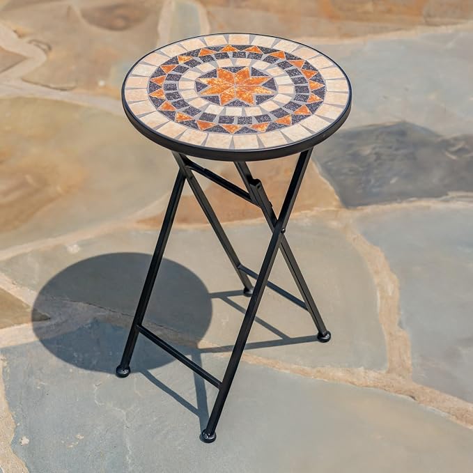 Mosaic Tile Furniture with Black Metal Frame and Patterned Tile Tops (Sedona - Black/Tan/Brown, Folding Accent Table)