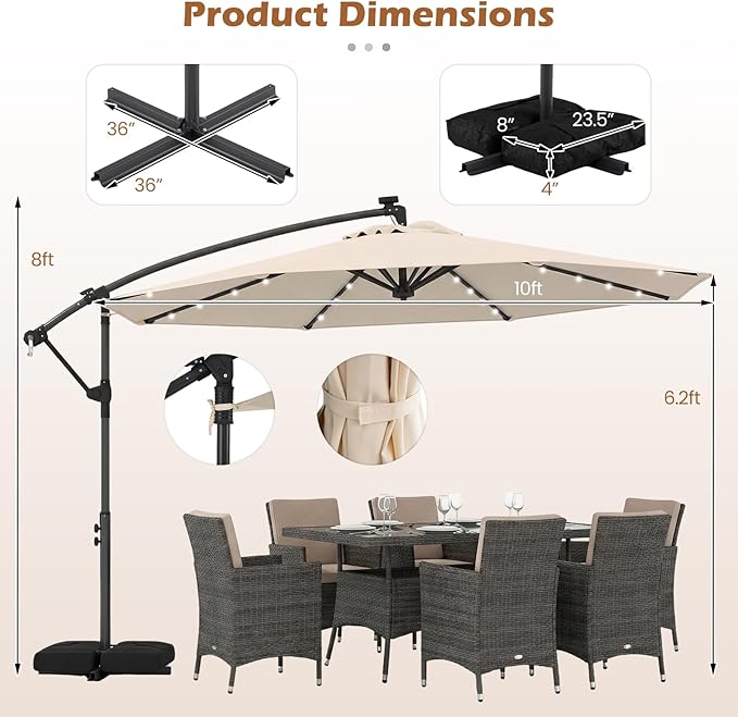 Tangkula 10ft Solar Patio Umbrella with Base Included, Offset Cantilever Outdoor Umbrella with 32 LED Lights, 360 Degree Rotation, Crank Handle for Pool Deck Garden Backyard (Beige)