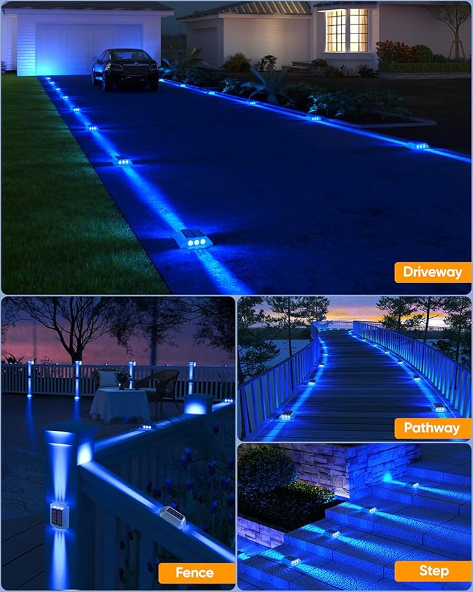Detarzinled Solar Driveway Lights Outdoor, 12 Pack IP68 Waterproof Dock Deck Lights Solar Powered, Stick on & Screw Blue Markers Light for Pathway, Walkway, Sidewalk, Patio, Pool Deck, Garage Entrance