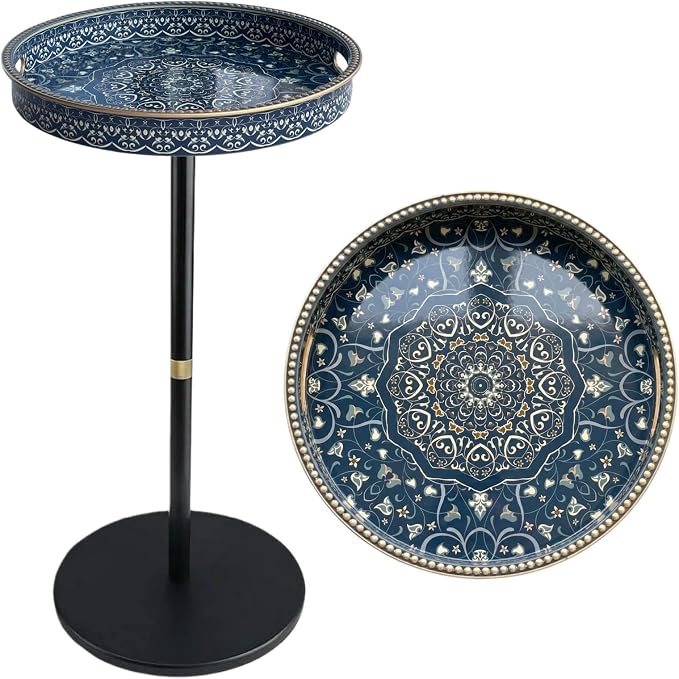 Gesodant Boho Single Leg Round Side Table with Tray Top, Pedestal Drink Table for Small Spaces, Aesthetic Accent Nightstand for Living Room, Bedroom, Corners, and Office (Blue Maze)