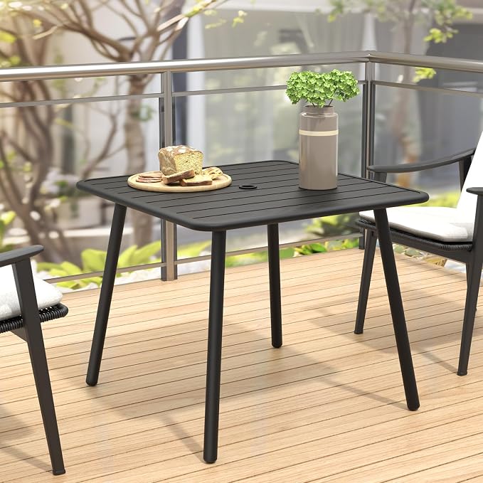 C-Hopetree Square Metal Outdoor Dining Table with Umbrella Hole for Outside Patio, Black