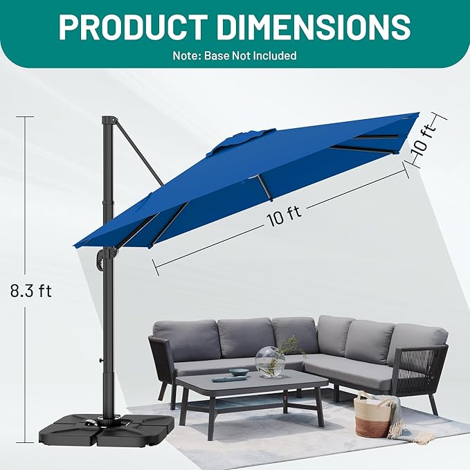 AreShark 10 X 10 FT Cantilever Patio Umbrella, 360-Degree Rotation Round Hanging Offset Umbrella with Crank, Heavy Duty Patio Umbrella for Patio, Pool, Garden, Deck, Royal Blue