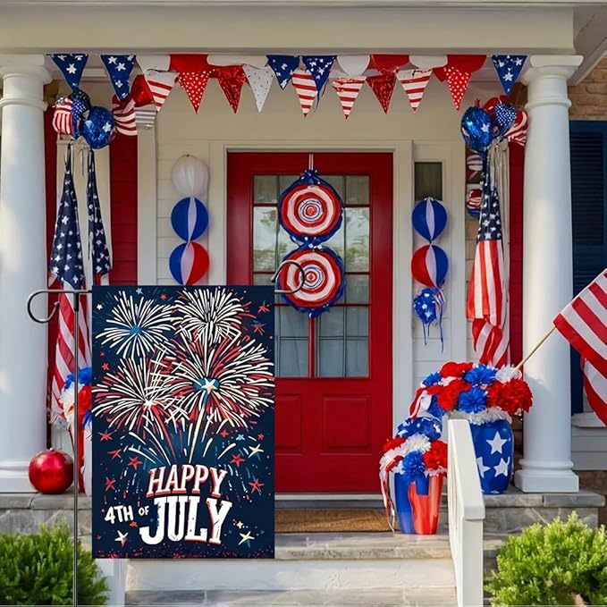 Happy 4th of July Garden Flag 12x18 Double Sided, Burlap Fireworks Independence Day Garden Flag Fourth of July Outdoor Decorations, Small Decorative Patriotic Yard Flags for Outside Lawn Porch Decor