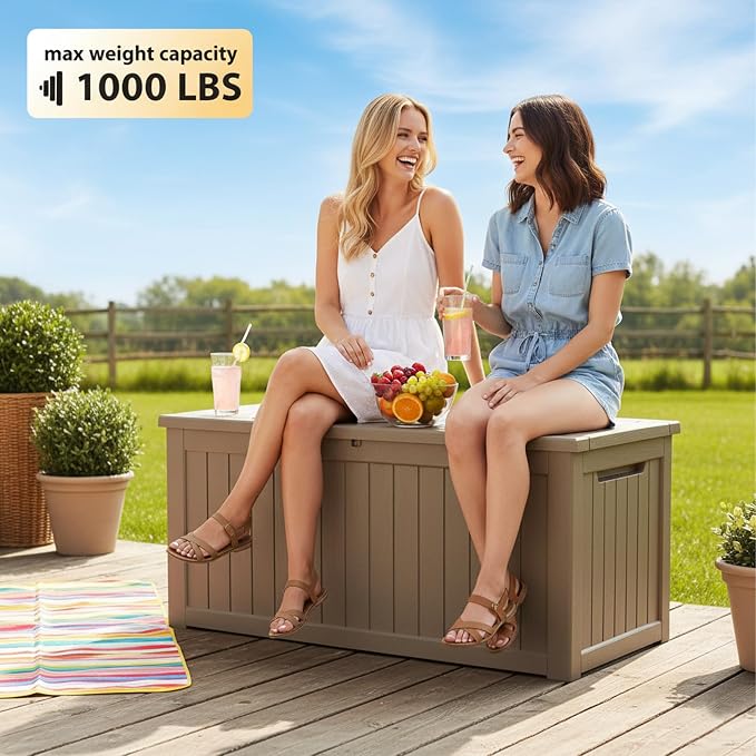 269 Gallon Large Outdoor Storage Box, Waterproof Deck Box with Lockable Lid, Resin Outside Storage Box for Patio Furniture, Pool Accessories, Garden Tools, Storage Bench for Backyard, Porch, Coffee