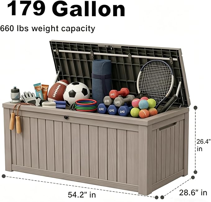 179 Gallon Resin Outdoor Storage Box, Waterproof Deck Box with Lockable Lid, Outside Storage Box for Patio Furniture, Pool Accessories, Garden Tools, Storage Bench for Backyard, Porch, Gray Brown