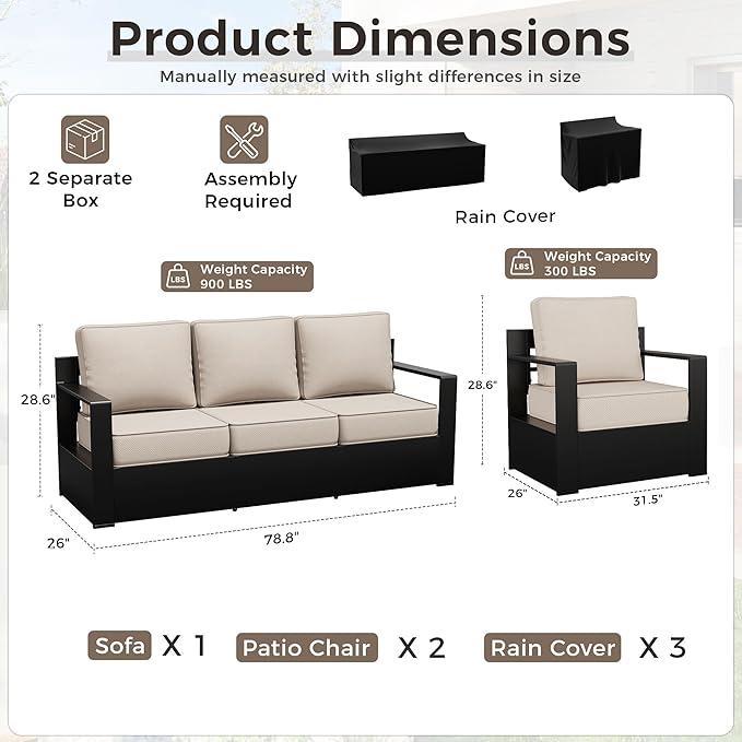 Outdoor Patio Furniture Set, 3-Piece Aluminum Patio Conversation Set All-Weather Metal Outdoor Sectional with 6 Inch Thick Cushions, Deep Setting for Garden, Outside and Porch, Beige