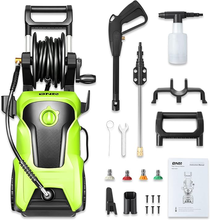DNA Motoring TOOLS-00232 Up to 2176 PSI Pressure 2.4 GPM Max Flow Electric Pressure Washer for Yard and Car Cleaning with Spray Nozzle Foam Bottle + 4 Turbo Nozzles IPX5 Driveway Patio Deck(Green)